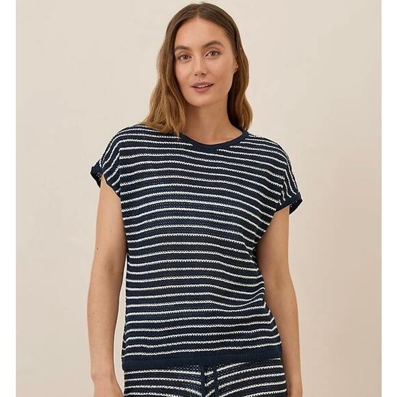 Pact Tops - Pact Beachside Crochet Knit Short Sleeve Top Capri Stripe Large Beach Vacation